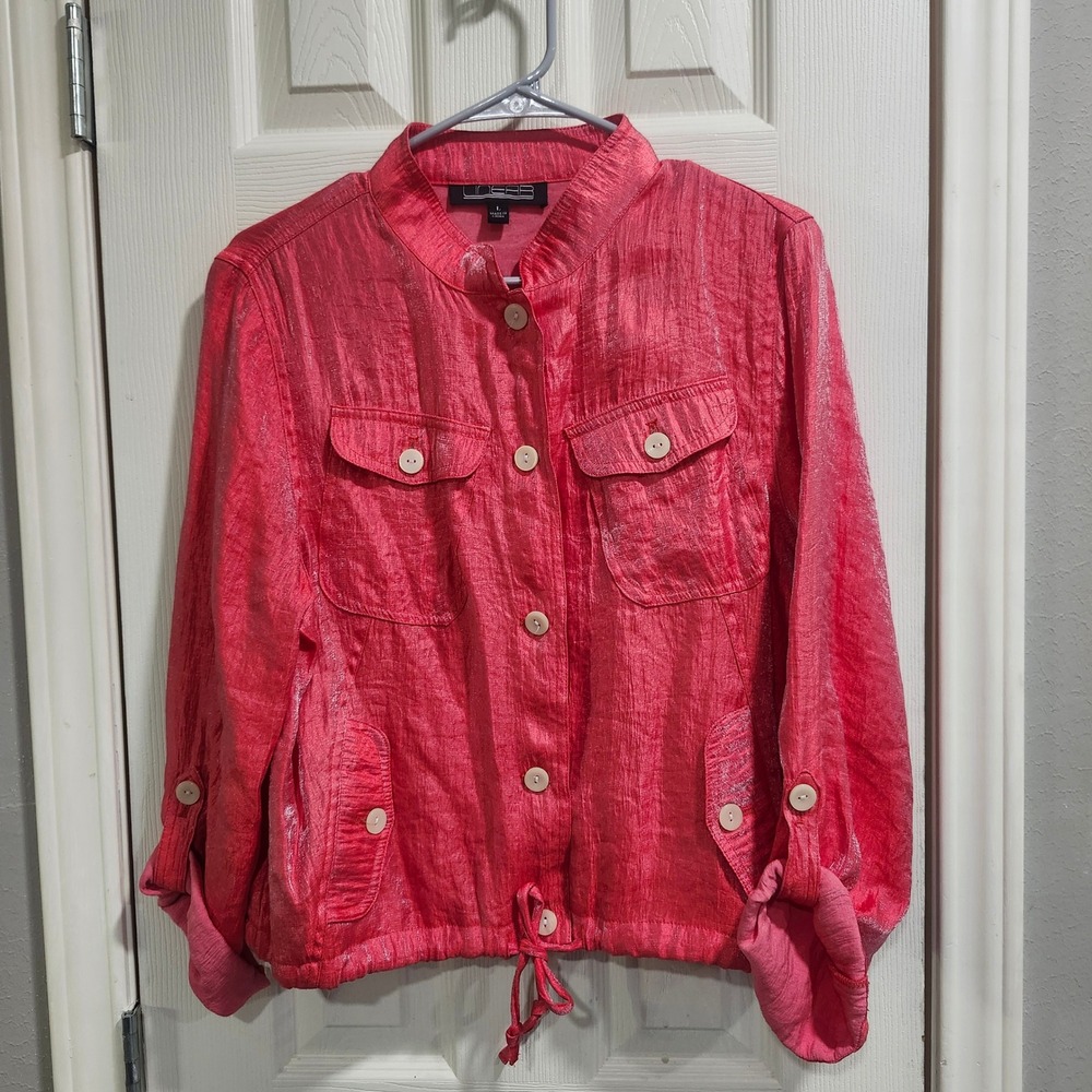 Linear Pink Shimmer Utility Jacket Womens Large Roll Tab Sleeve Drawstring